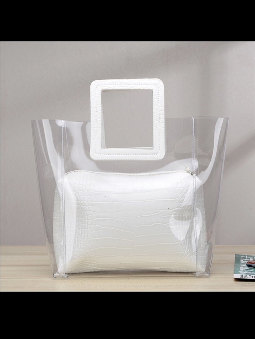 Clear Tote Bag with White Croc Inner Pouch
